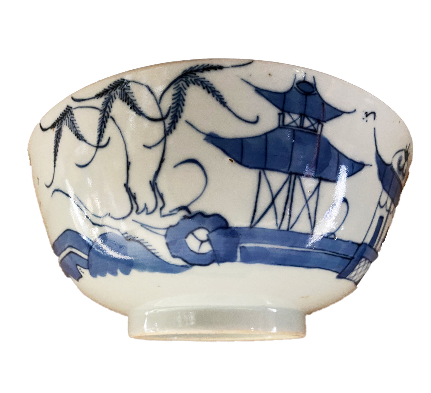 19th Century Chinese Canton Blue and White Porcelain Pagoda Motif Bowl 8" D # 3154