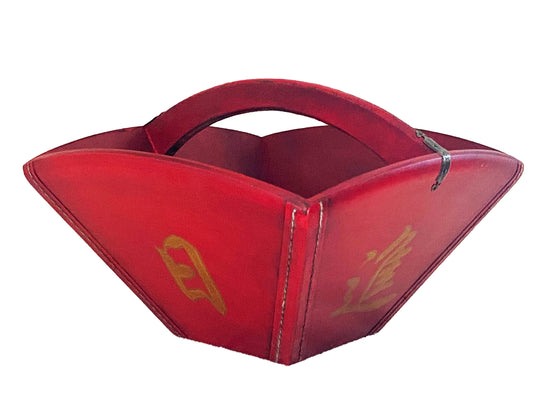 #4078 Chinoiserie Red Rice Leather and Wood Basket With Calligraphy