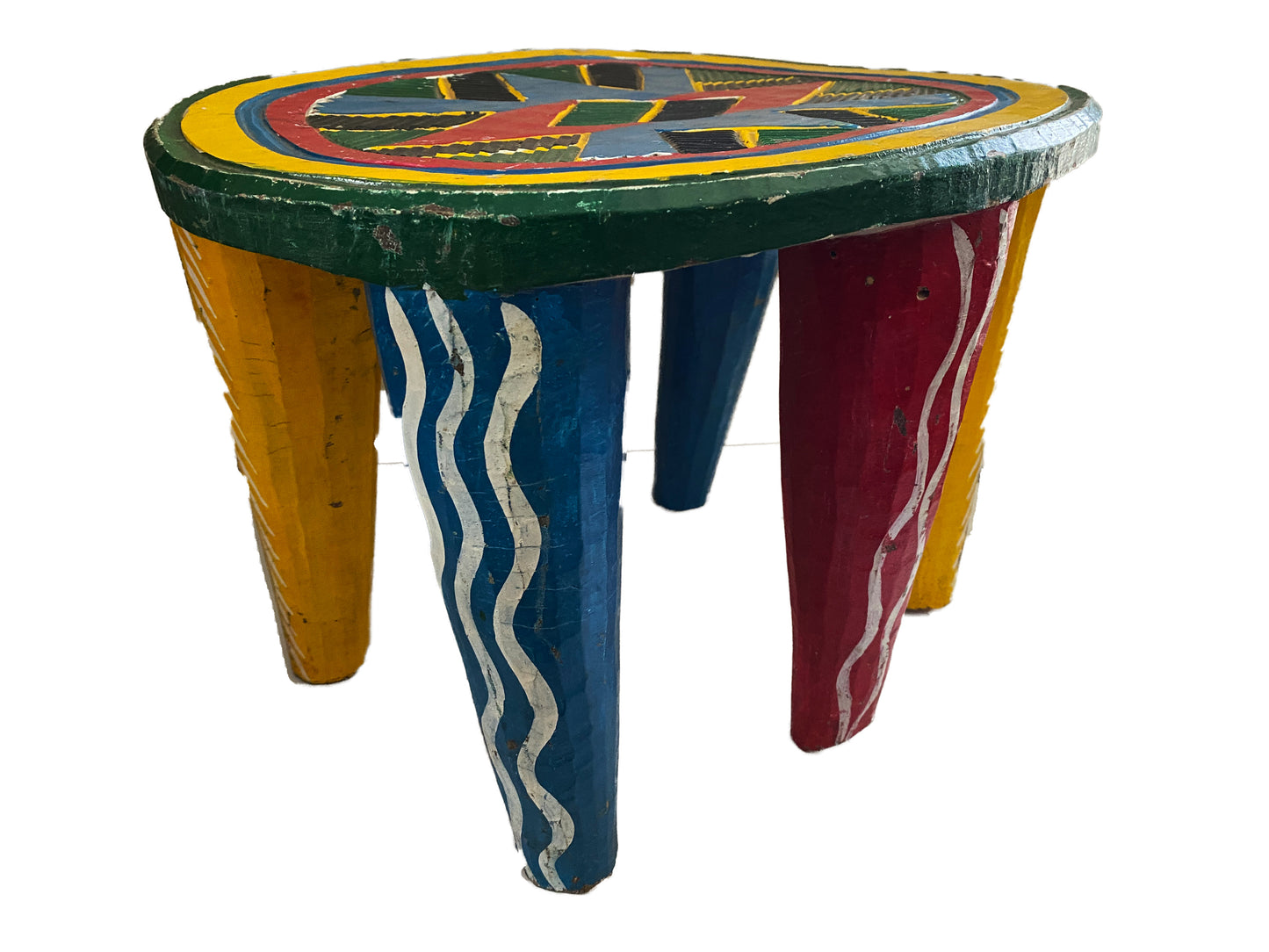 #3660 Superb African LG Colorful Nupe Stool Nigeria 11.75" h