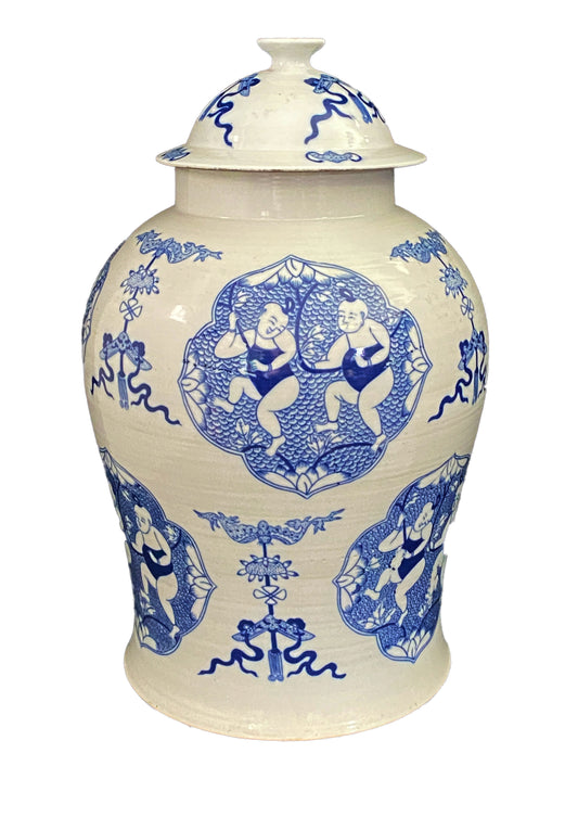 #3886 Chinoiserie Blue and White Porcelain Hundred Kids Motif Ginger Jar