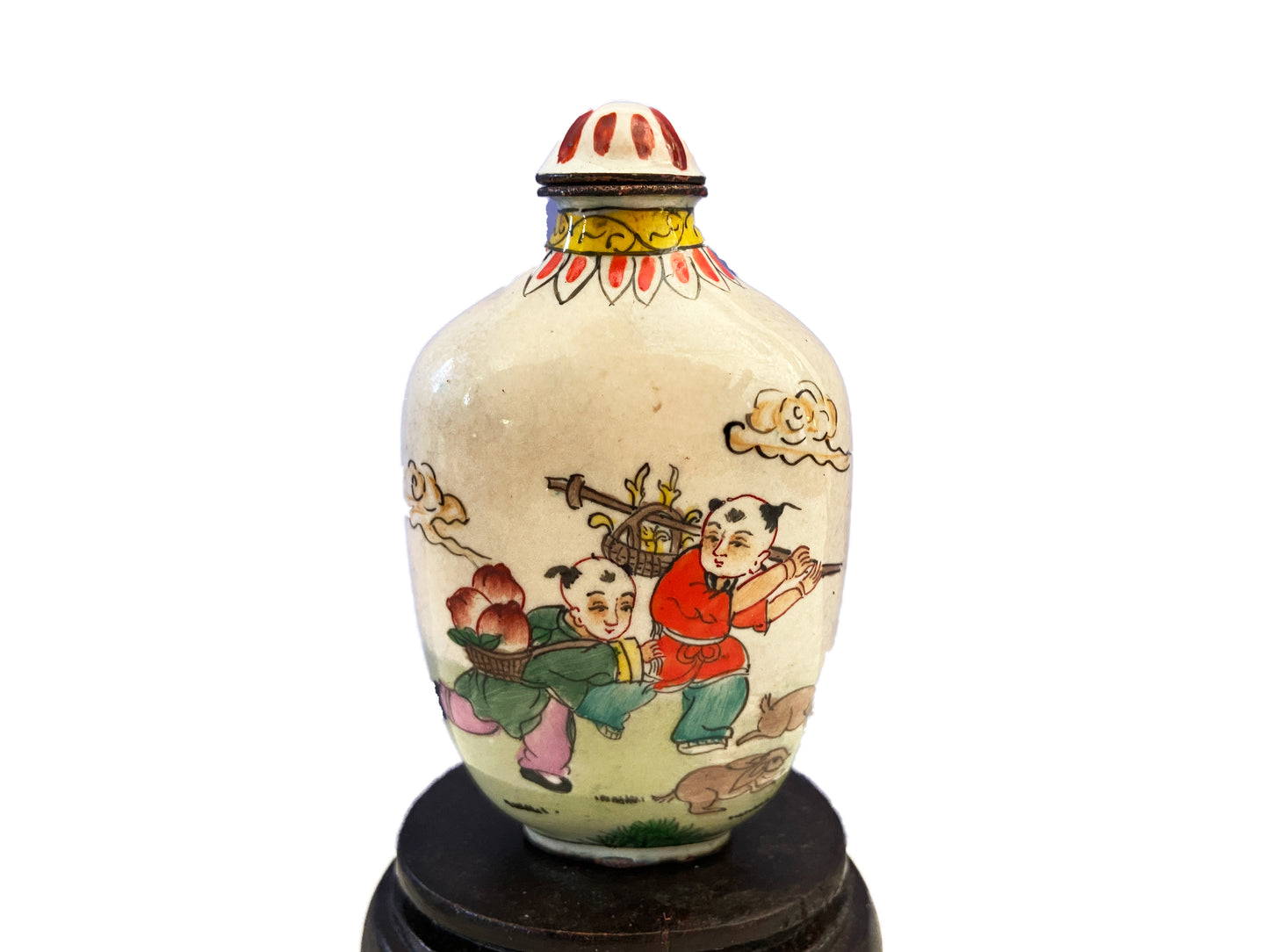 #1874 Vtg Chinoiserie Colorful Enamel Snuff Bottle 3" H
