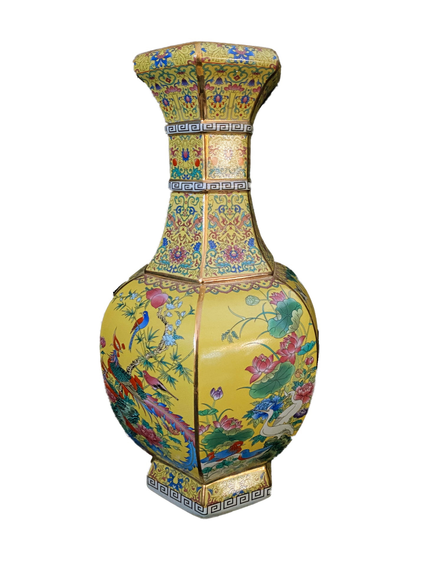 #3203 Chinoiserie Famille Jaune Hexagonal Shaped Vase 20.25" H
