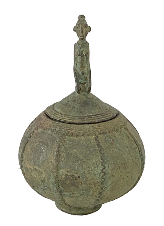 #3414 African Dogon Bronze Lidded Bowl W/a Seating Figure Mali