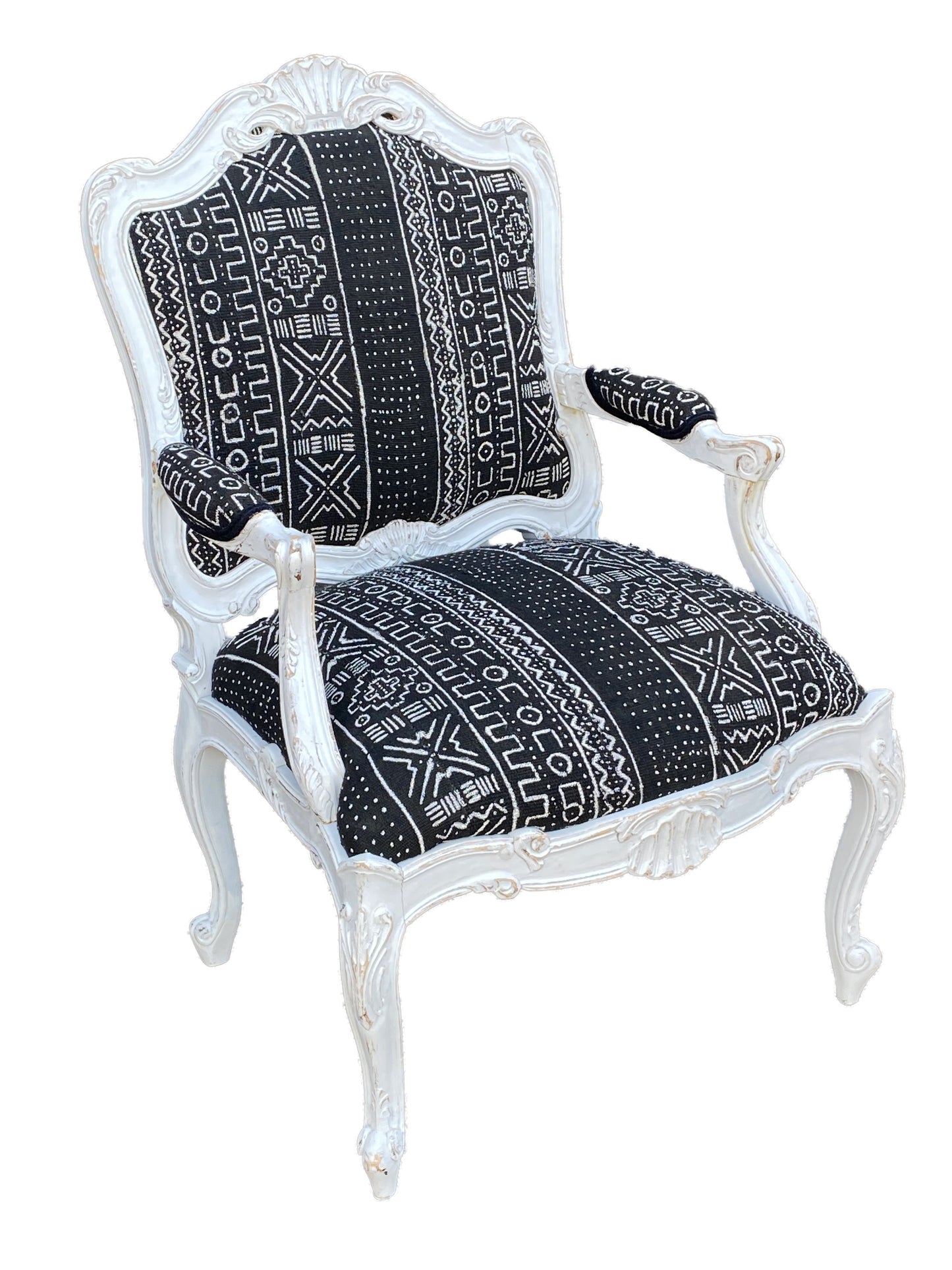 French Style Chair With Black & White Mud Cloth # 3125