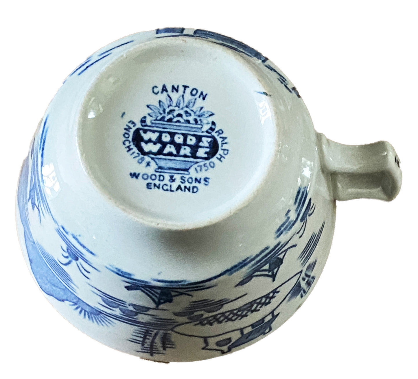 #3157 Antique English Woods Ware Canton S/4 Cups Blue Pagoda Pattern