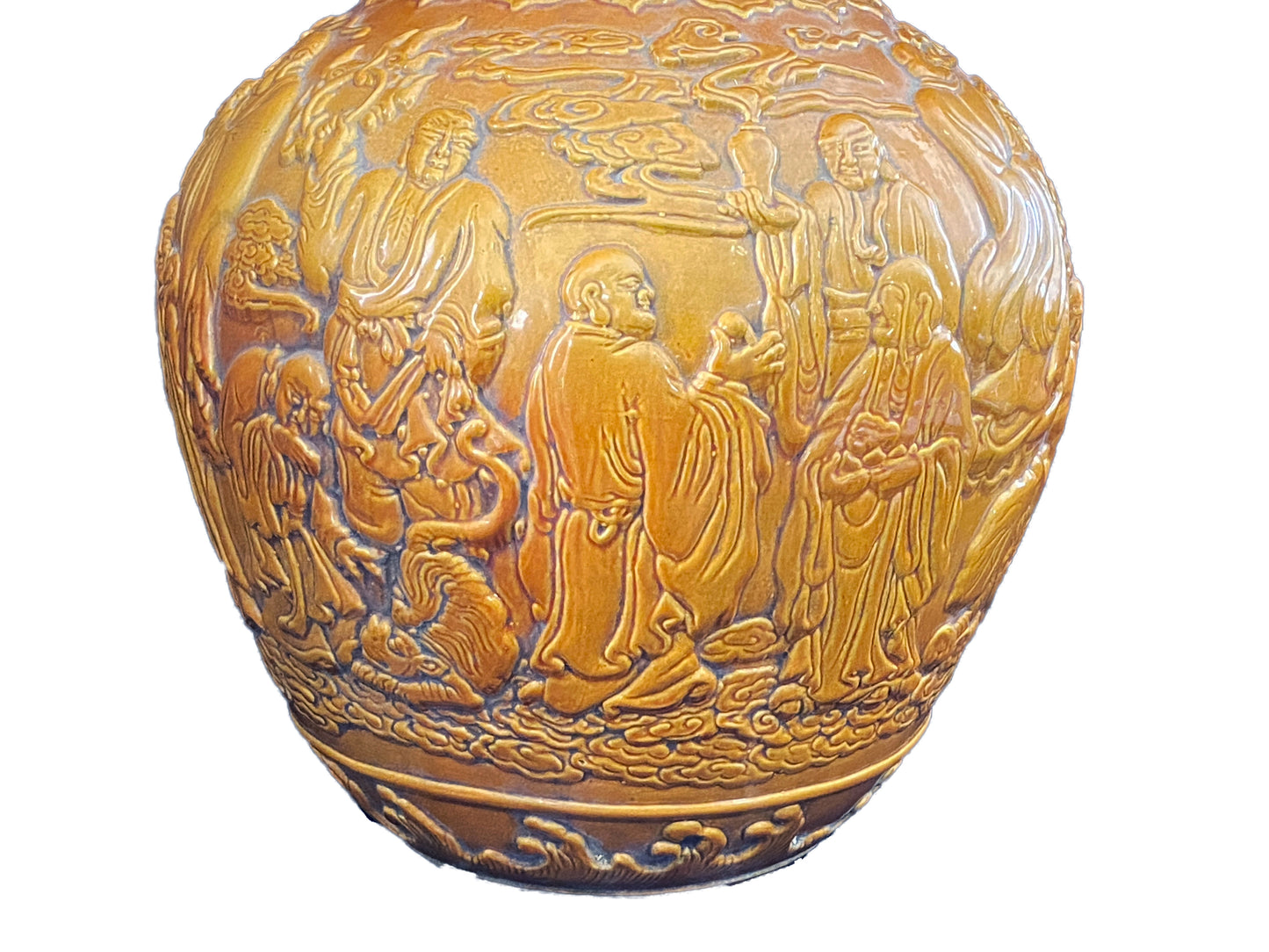 # 3405 Famille Jaune Style Onion Shape Porcelain Vase W/Buddhas