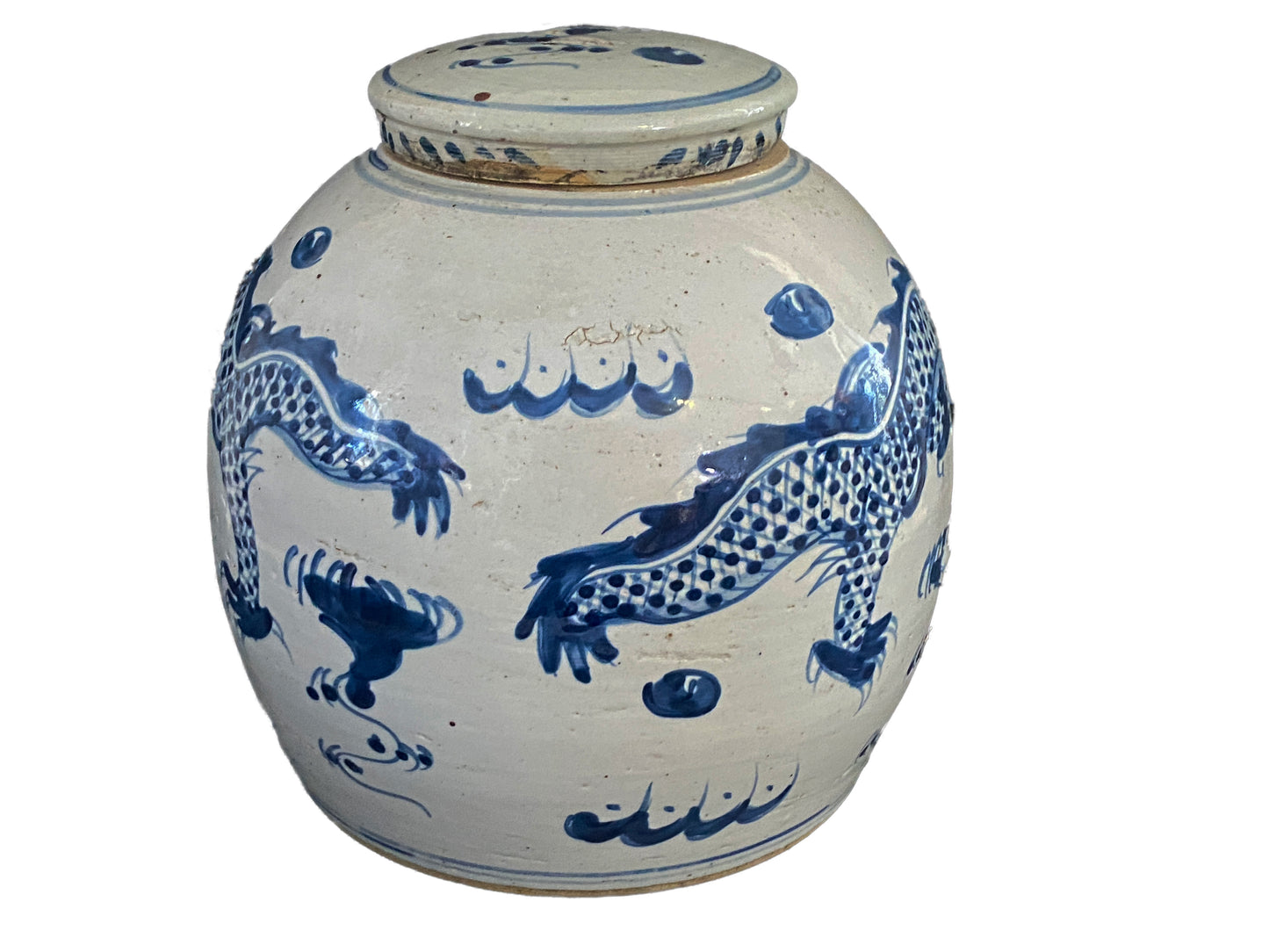 #3790 Chinoiserie Blue & White Porcelain dragons Ginger Jar 11" H