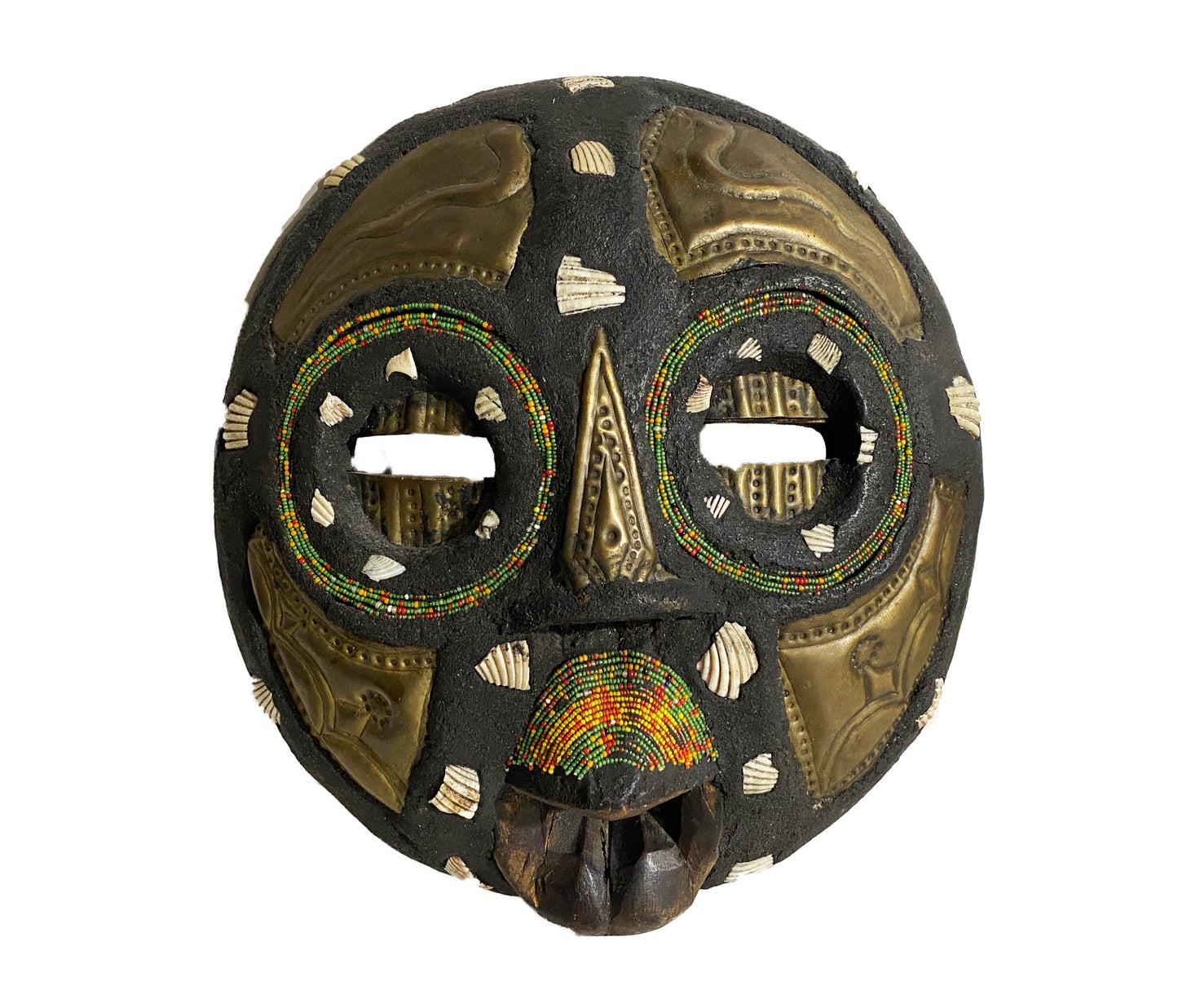 African Vintage Tribal Wood Hand Carved Beaded Mask Moon Face 10"H