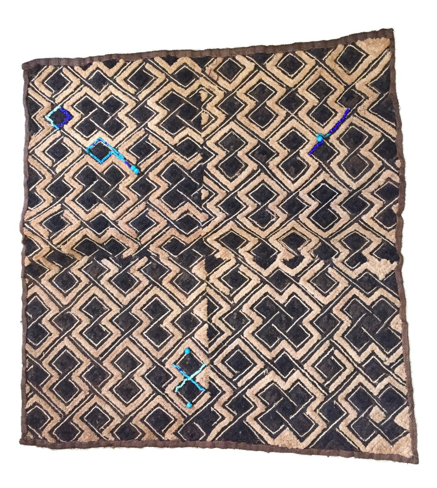 #1867 Kuba Kasai Velvet Boutallah Raffia Textile , Zaire Africa W/Turquoise Beads