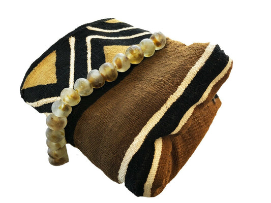 African Brown/Mustard/Black/White Mud Cloth/ Blanket Mali W/Glass Trade Beads # 269