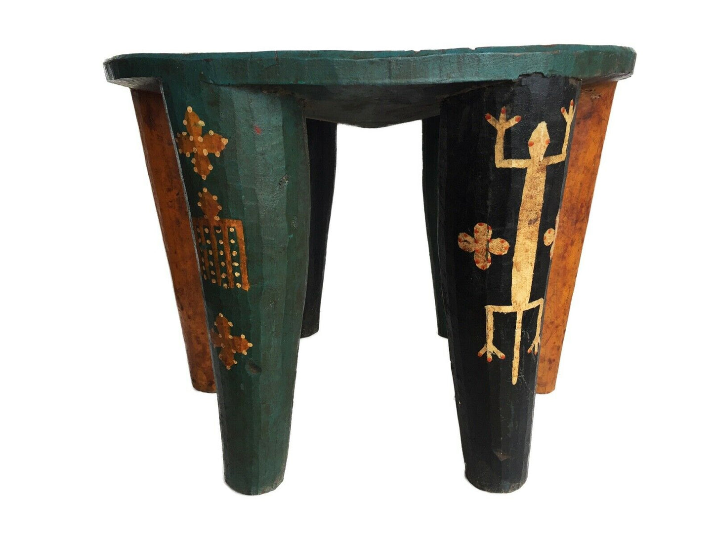 #2143 Superb African LG Colorful  Nupe Stool Nigeria  13" h by 17.5" w