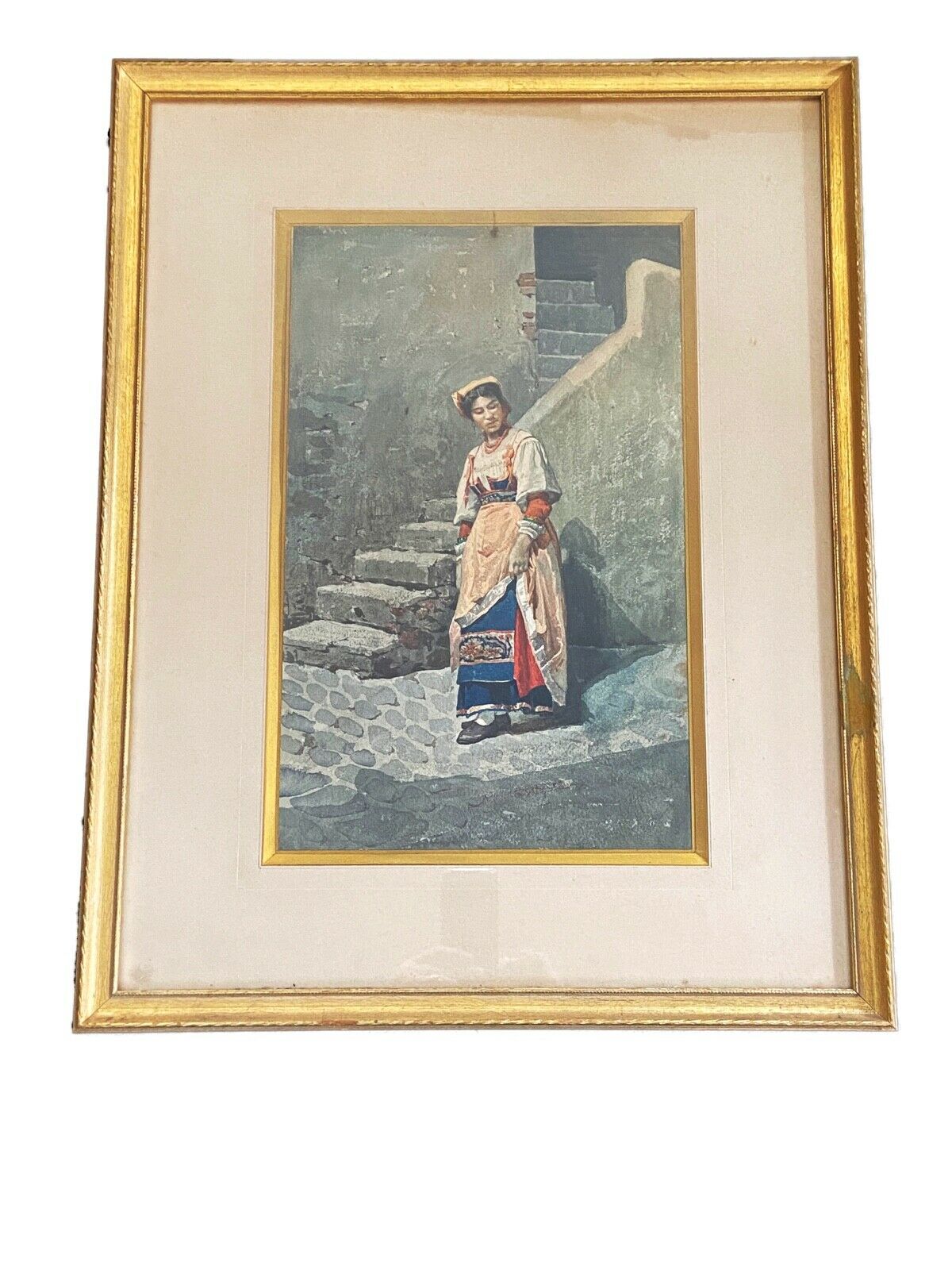 19th Italian Water Color Aquarelle Painting of a Peasant Framed 26.25" H by 20.7 #904