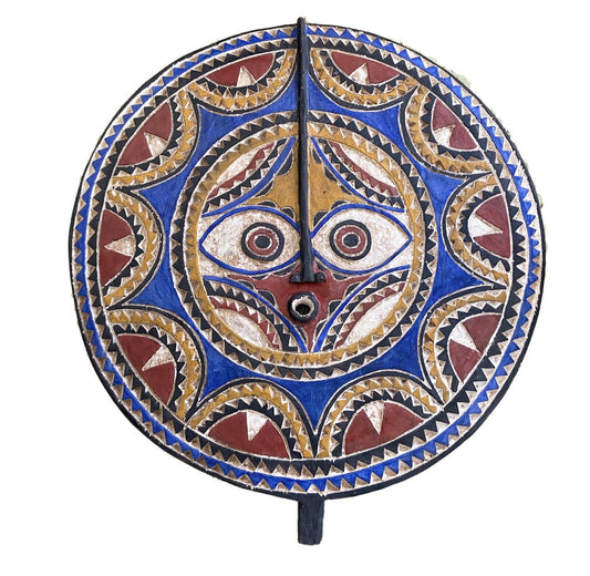 #877 Lg Bwa Sun Mask Blue and Red Burkina Faso 28 Inch African Art