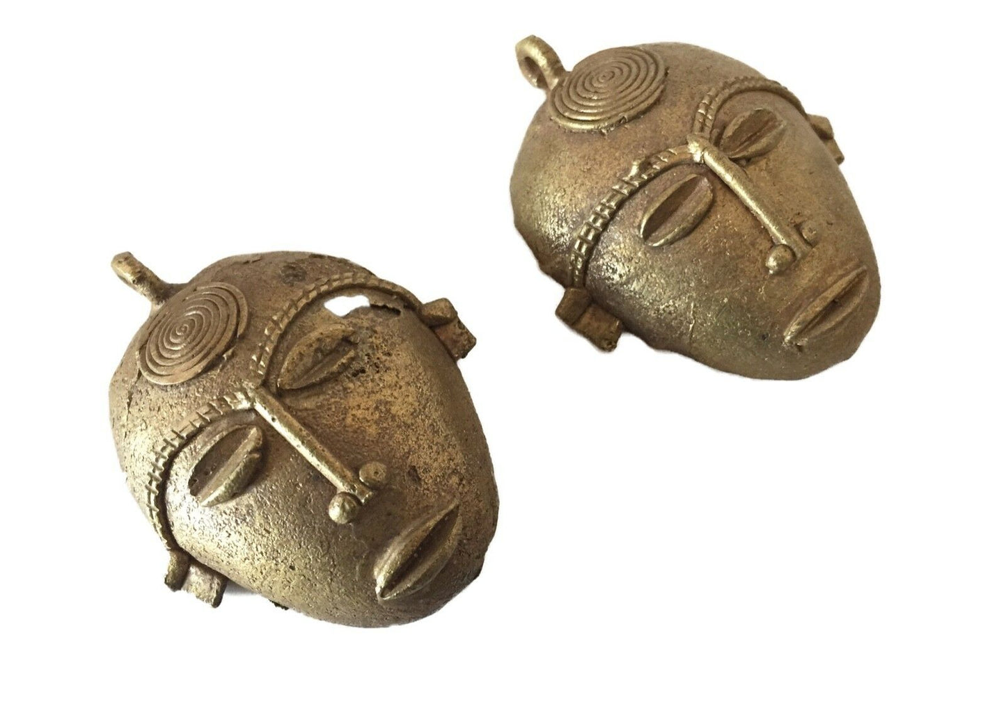 #1887 African Baule Gold Weight Passport/Pendant Bronze Mask  S/2   2.75" h