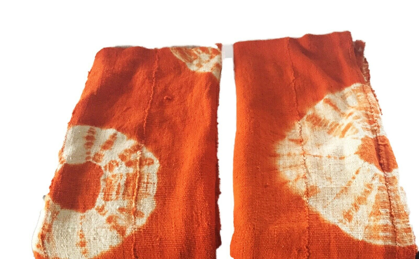 African Bogolan Textile Mud Cloth Orange & White 40" by 60" Set of two # 1974