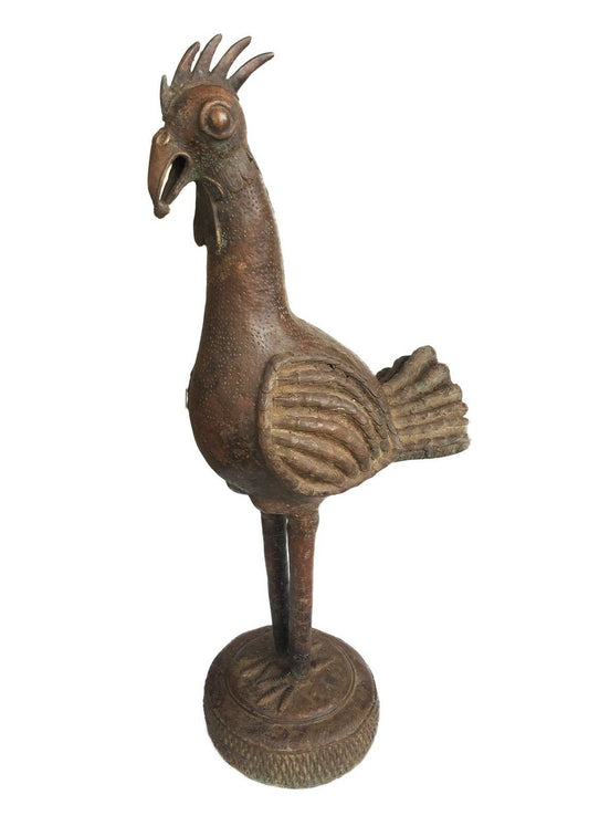 #1573 Huge Bronze AfricanTribal Benin Bronze Rooster 39.5" H