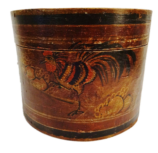 #3404 Superb Old Chinese Hand Painted Round Box W/Rooster 8.75" D