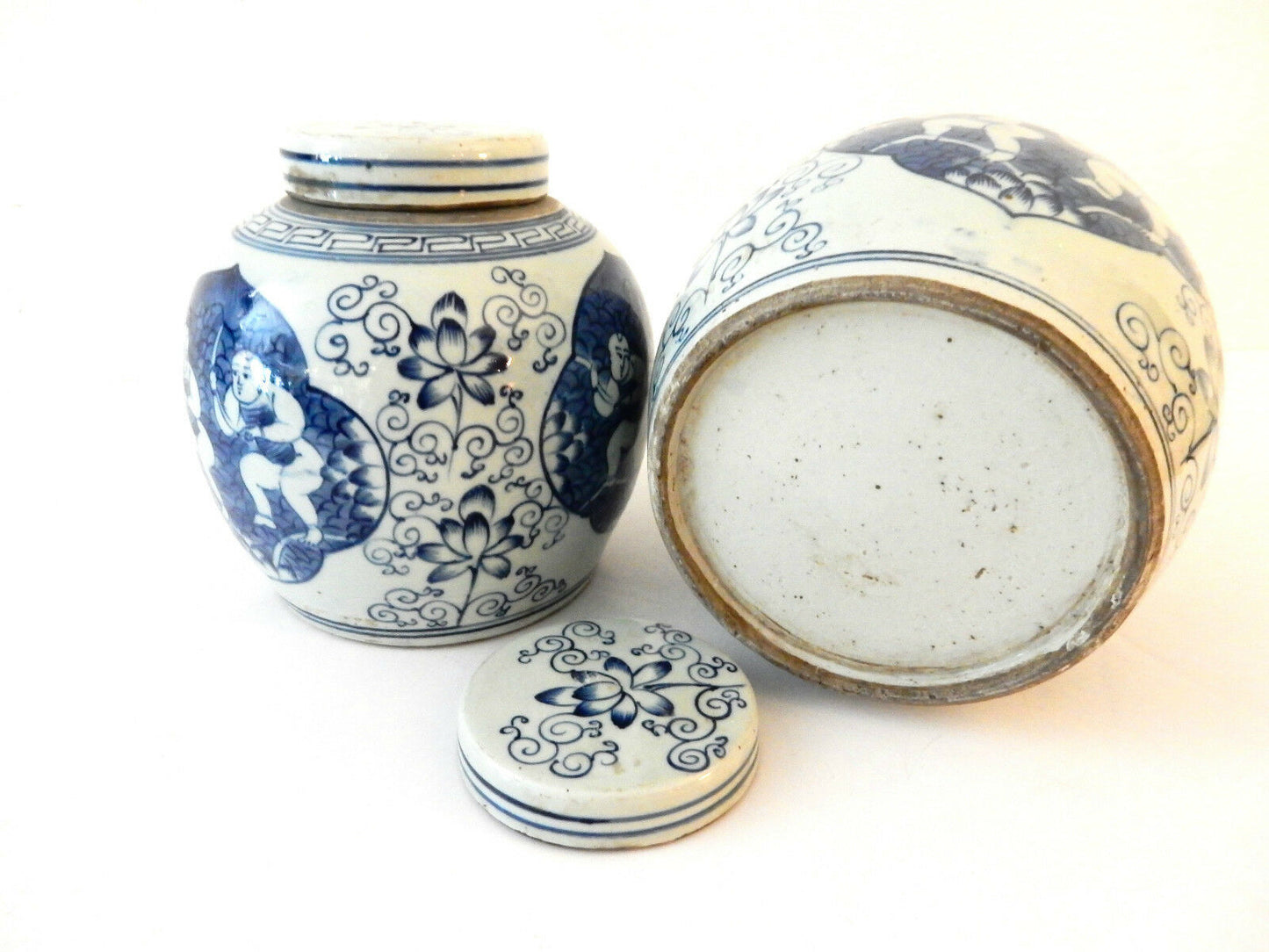 #88 Chinese Blue and White Porcelain Ginger Jars w/ Hundred Boys, S/2   9" H