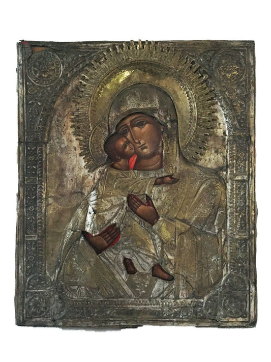 #817 Old Russian Icon Of Mother Of God Holding Jesus   17"x14
