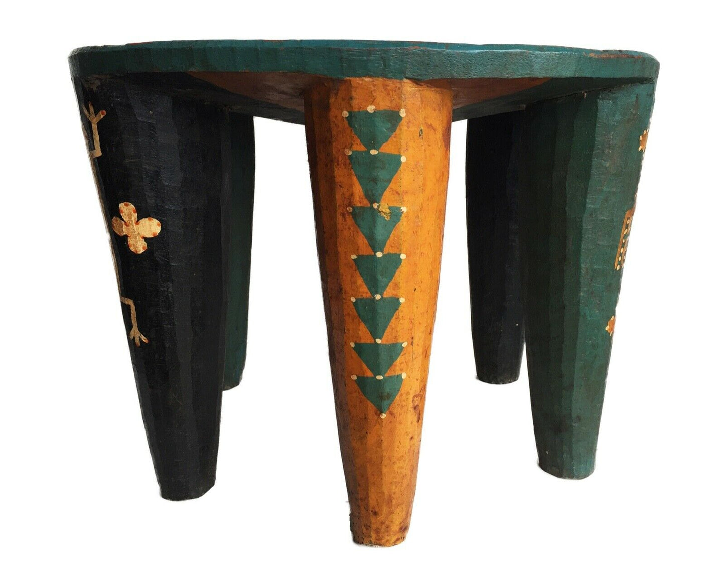 #2143 Superb African LG Colorful  Nupe Stool Nigeria  13" h by 17.5" w