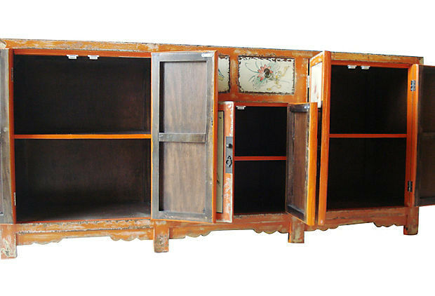 #2155 Superb Mongolian hand painted Elm Cabinet W/ Six Doors