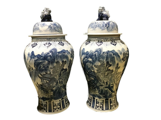 #951 Mansion Size Chinoiserie B & W Porcelain Landscape Ginger Jars - a Pair 36" H