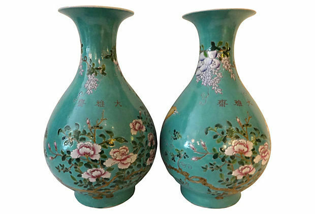 #702 Superb Pair of Chinese  Famille Rose Porcelain Shaped Vases S/2  17 " H