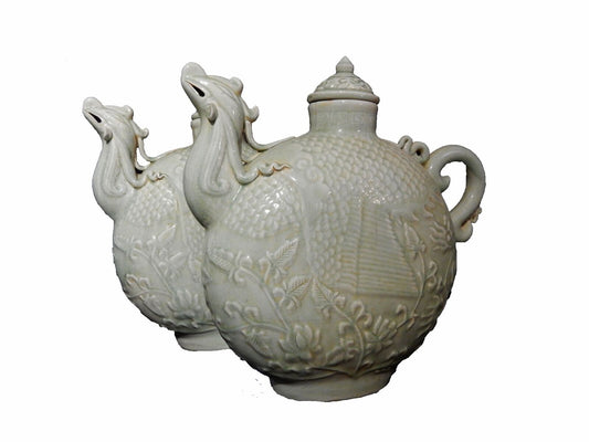 #1634 Stunning Chinese Celadon Phoenix Birds Lidded Jars, Pair 18.5" h