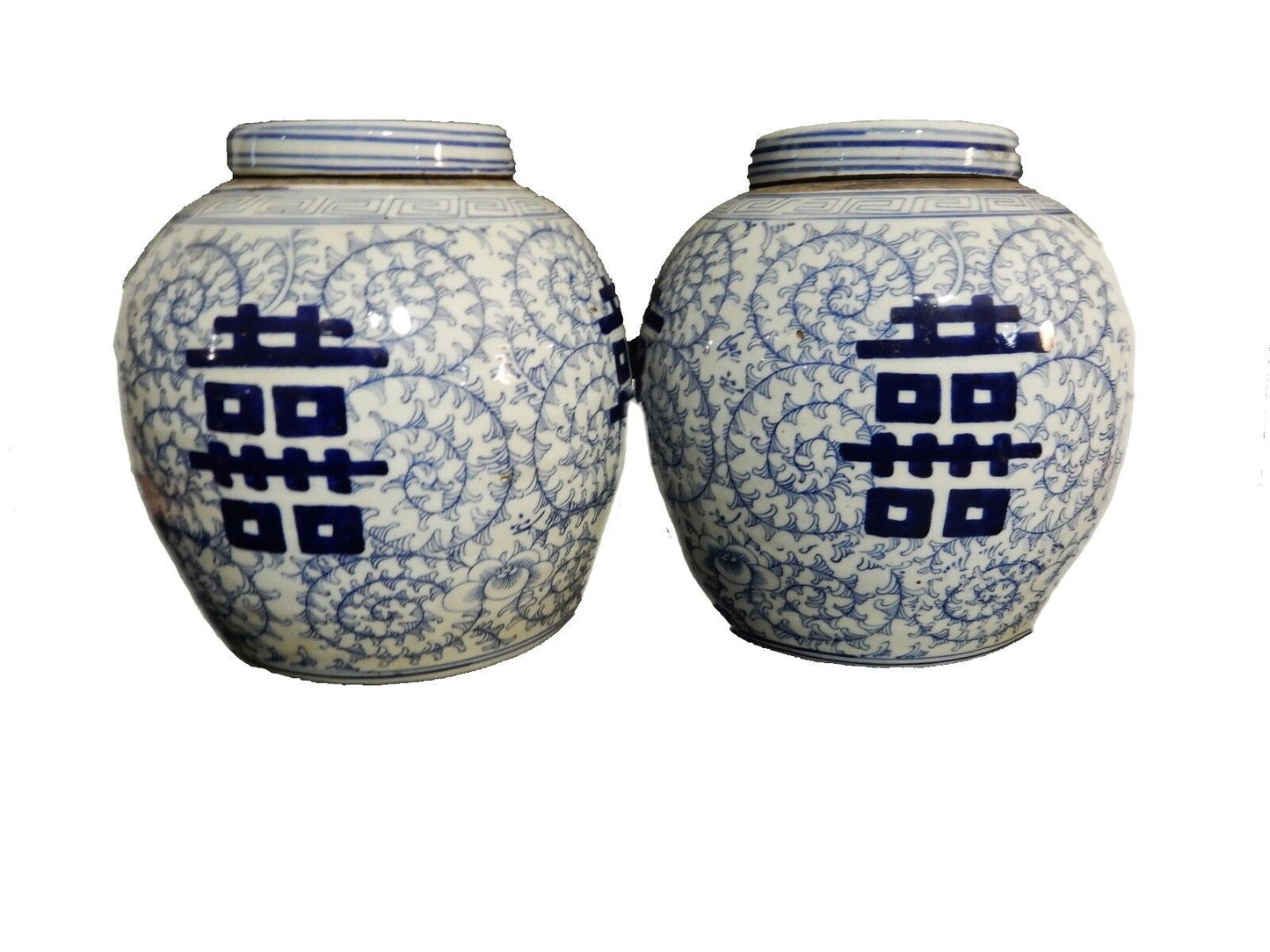 #254P Chinese Double Happiness Blue and White Porcelain Ginger Jars  9" H