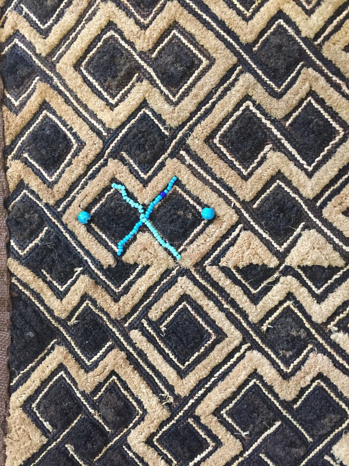 #1867 Kuba Kasai Velvet Boutallah Raffia Textile , Zaire Africa W/Turquoise Beads