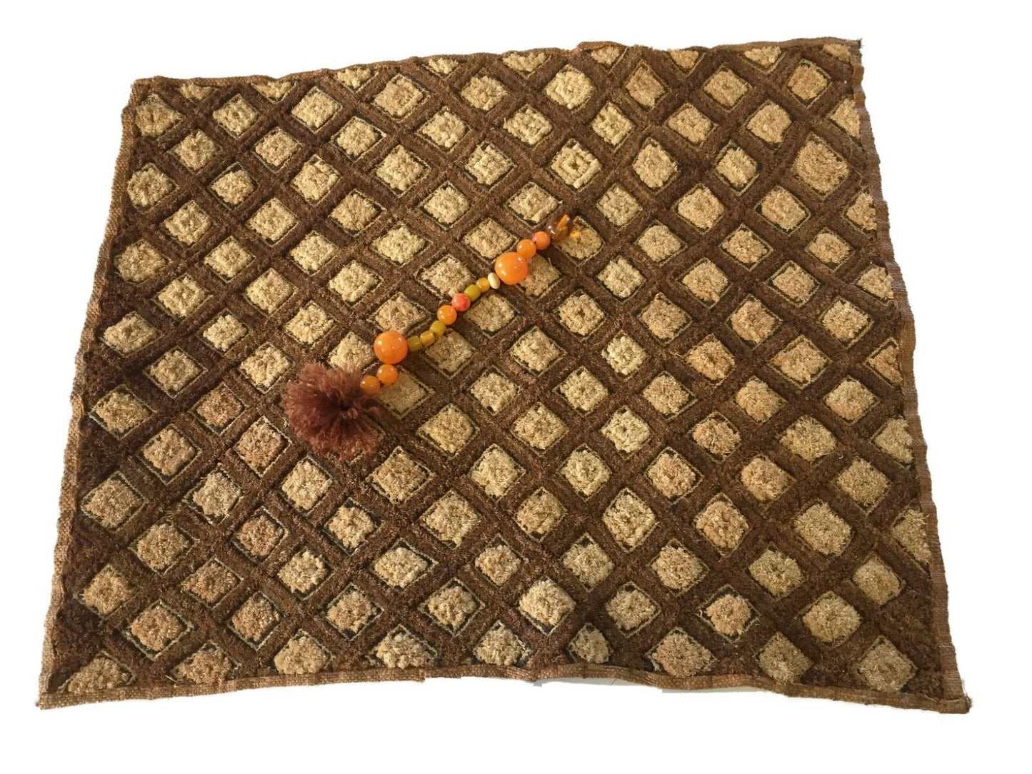 #1845 Superb African Kuba Kasai Velvet Raffia Textile Zaire w/ Amber Beads20 "by 23
