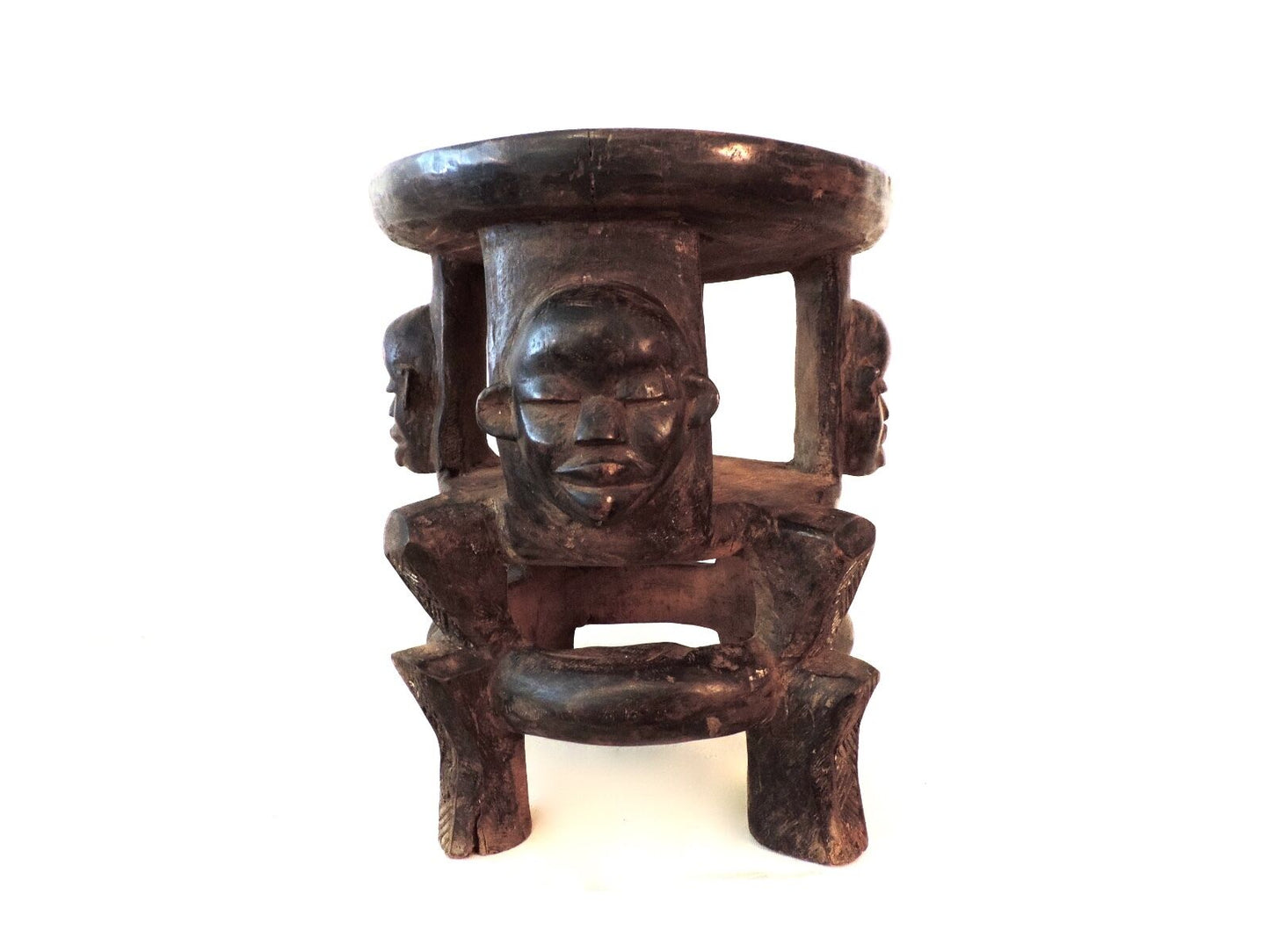 #1653 Carved Wooden Makonde Three-Legged Figurine Stool from Tanzania 17.5" H by 14.75