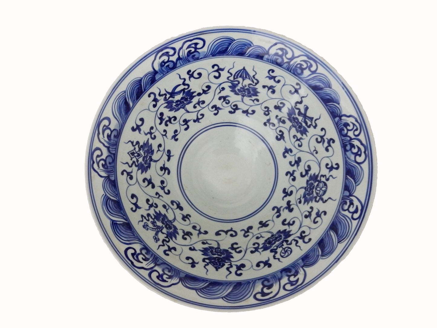 #168 Chinese B & W Porcelain LG Bowl Dragon & flowers 17.5" Diameter