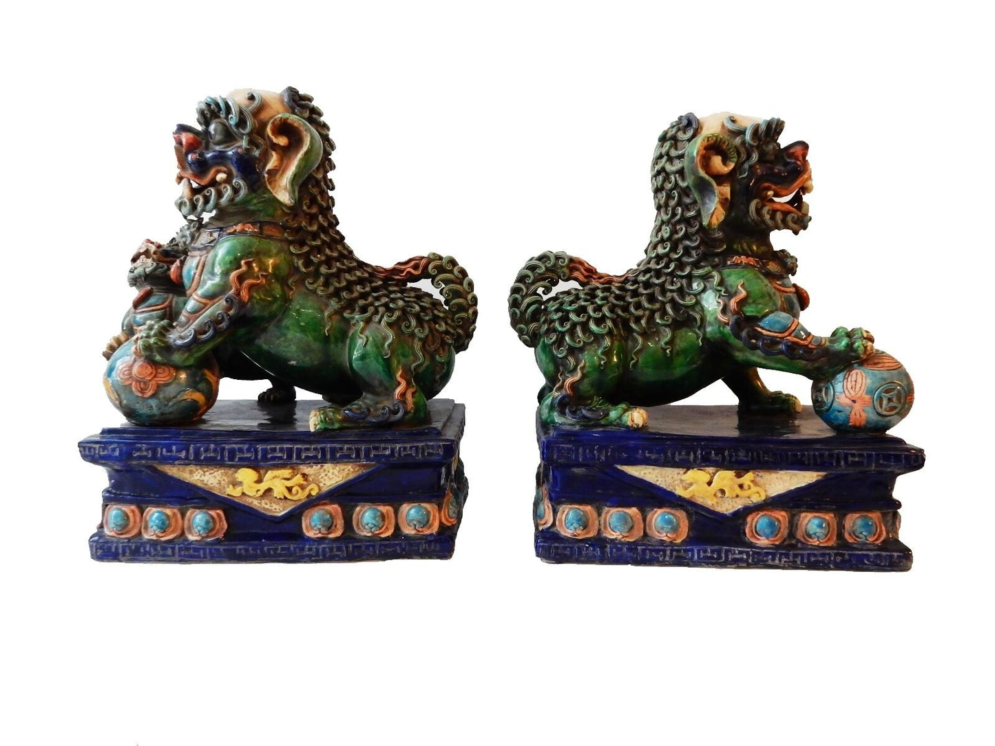 Superb Old Chinese Porcelain Colorful  Foo Dogs Pair 16.75" h