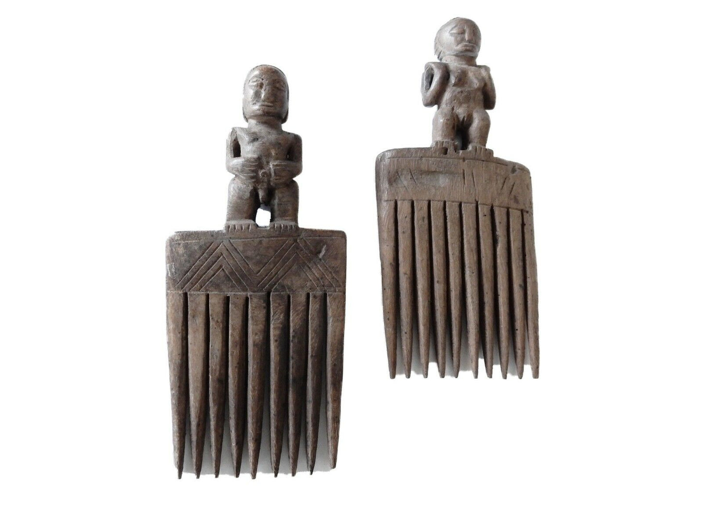 #510 African Old Baule I.Coast Combs W/ Female& Male  Sculptures.