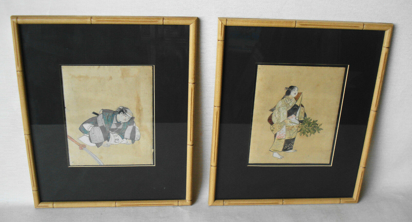 #y1 SUPERB 2 JAPANESE NOH DRAMATIC ACTORS WATERCOLOR 20THC