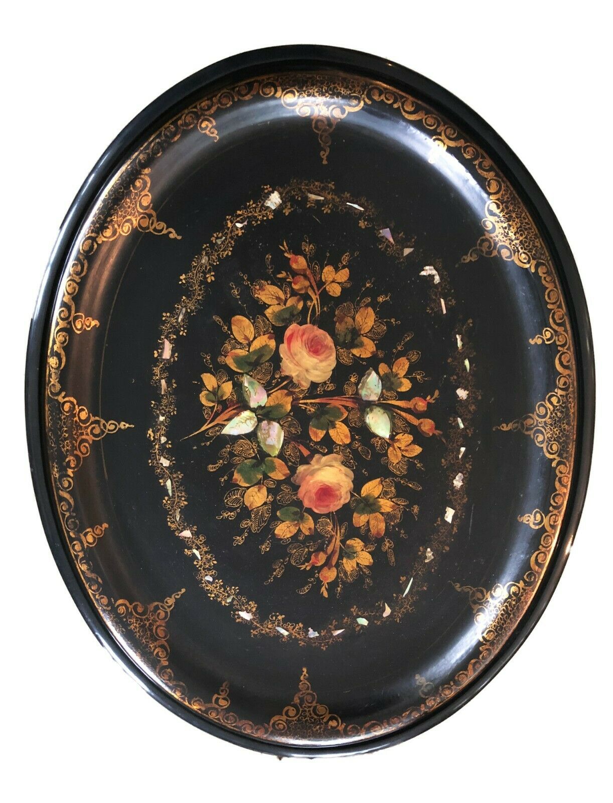 19th Papier Mâché Hand Painted Oval Tray Table W/ Mother of Pearl Inlay 22.5' H #525