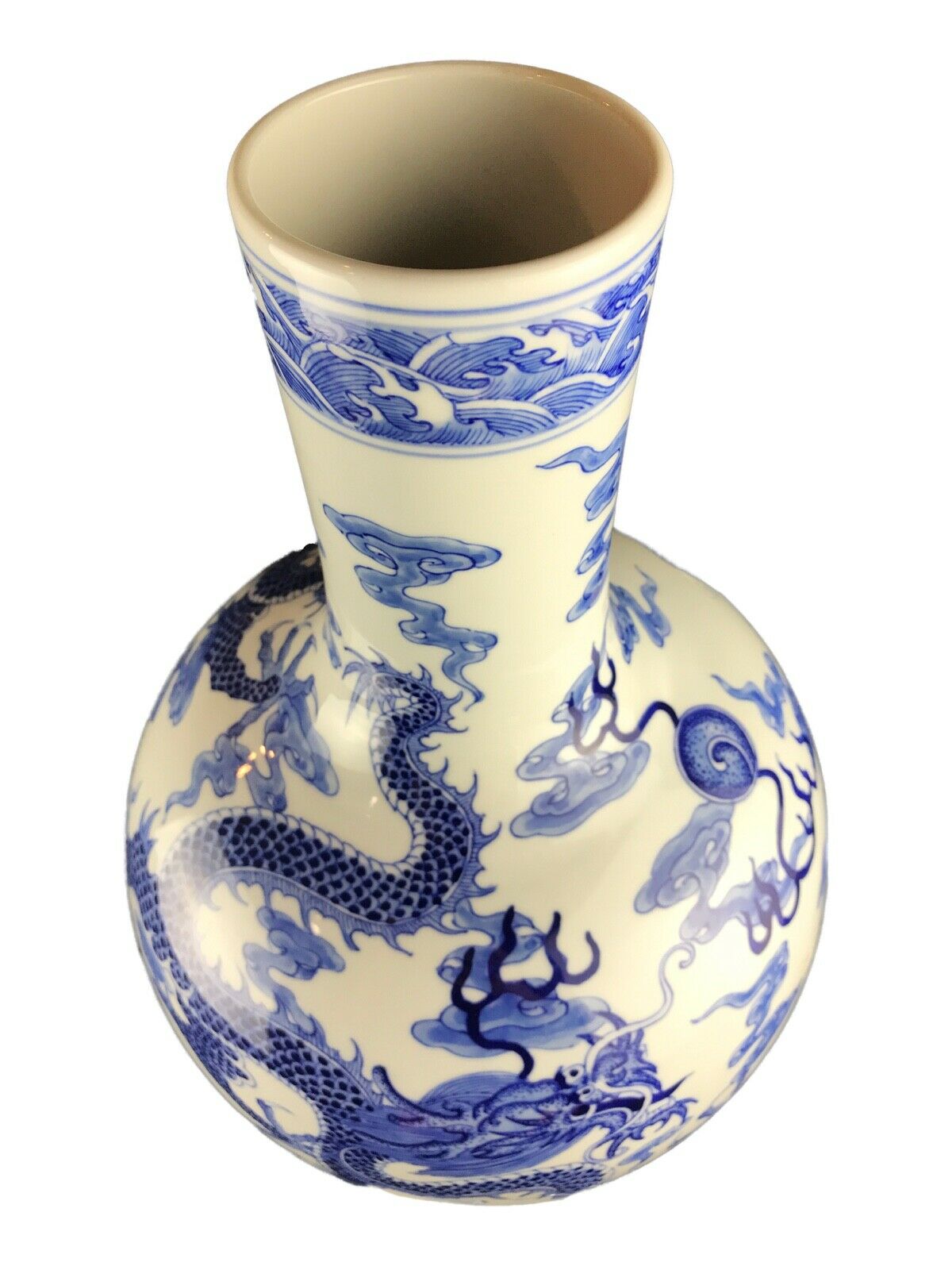 #2341 Chinoiserie Blue & White Porcelain Dragon Vase 15.25" H