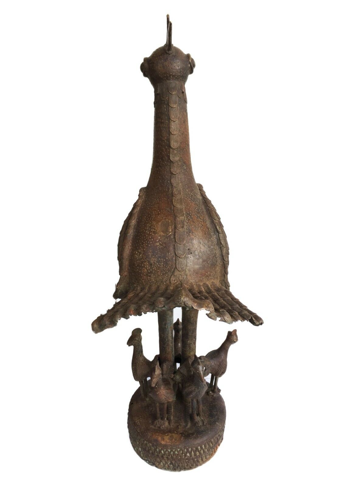 #1574 African Huge Benin Bronze Hen & Chicks 40" H Nigeria