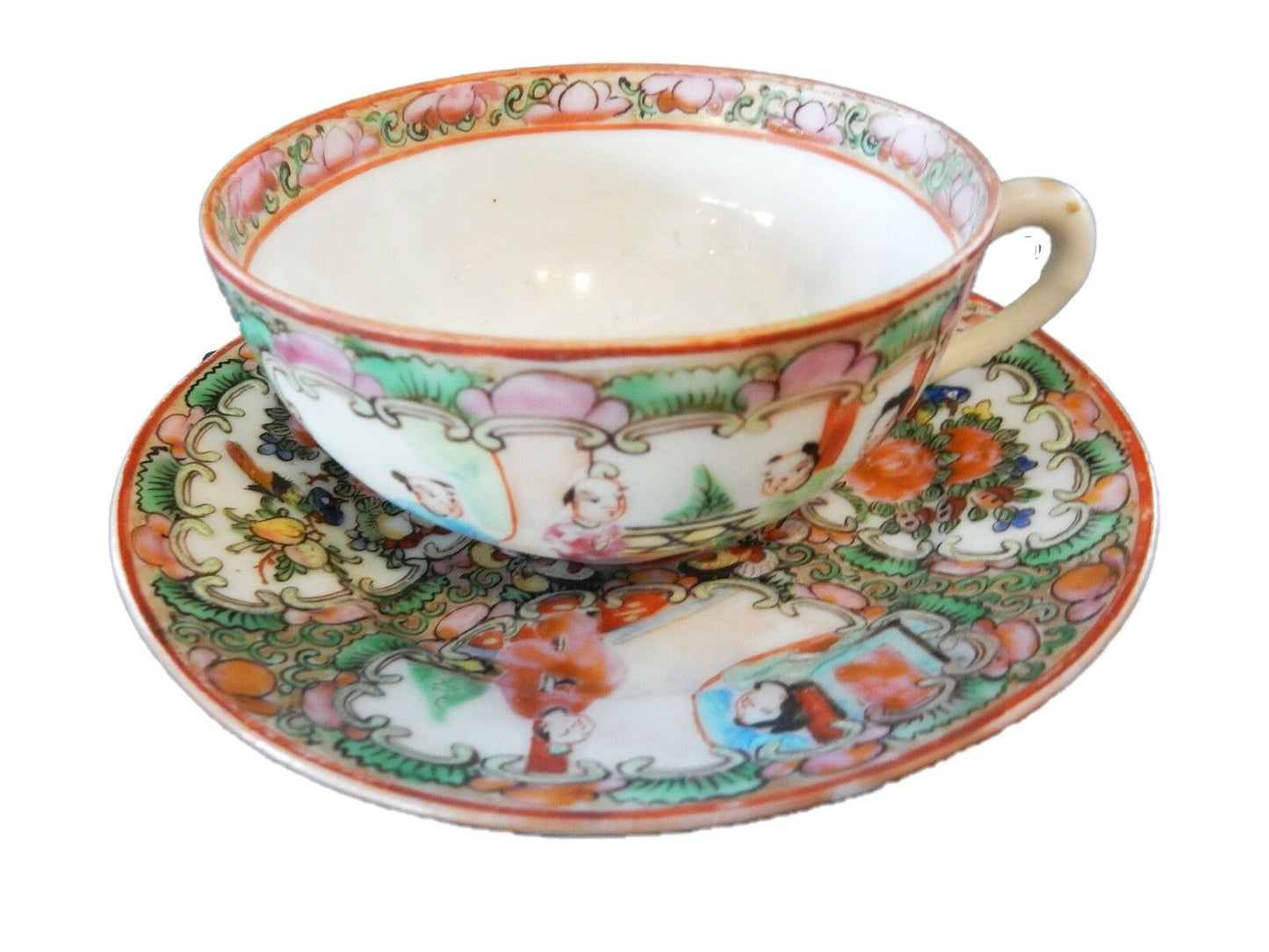 #cu38 Antique Rose Medallion Chinese Porcelain Tea Cup & Saucer