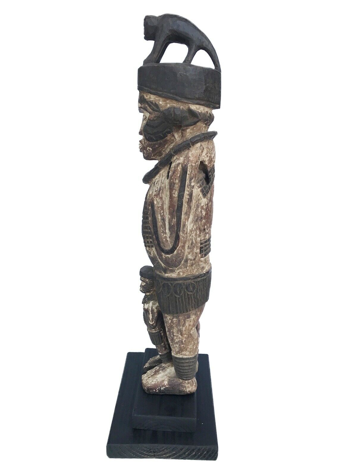 #121 Old Igbo Male Figure W/Monkey Nigeria African 34.5" H on Stand