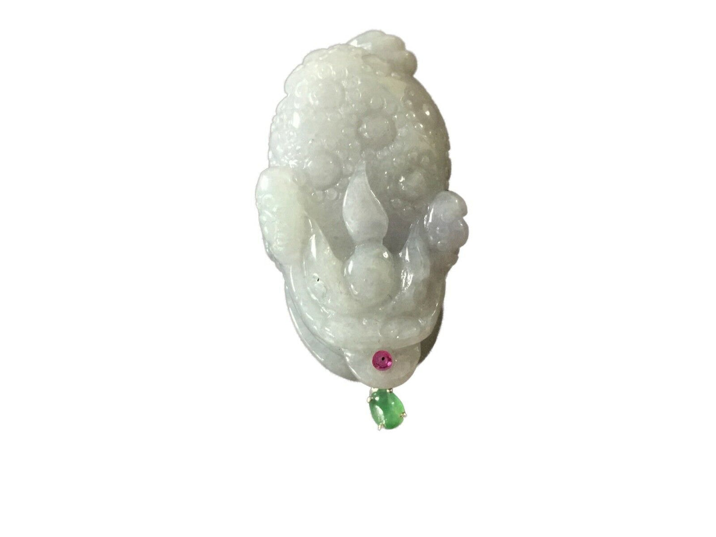 #1697 Jadeite Jade  Carved PIXIU Wealth  Figure W/ White Gold & Ruby Stone