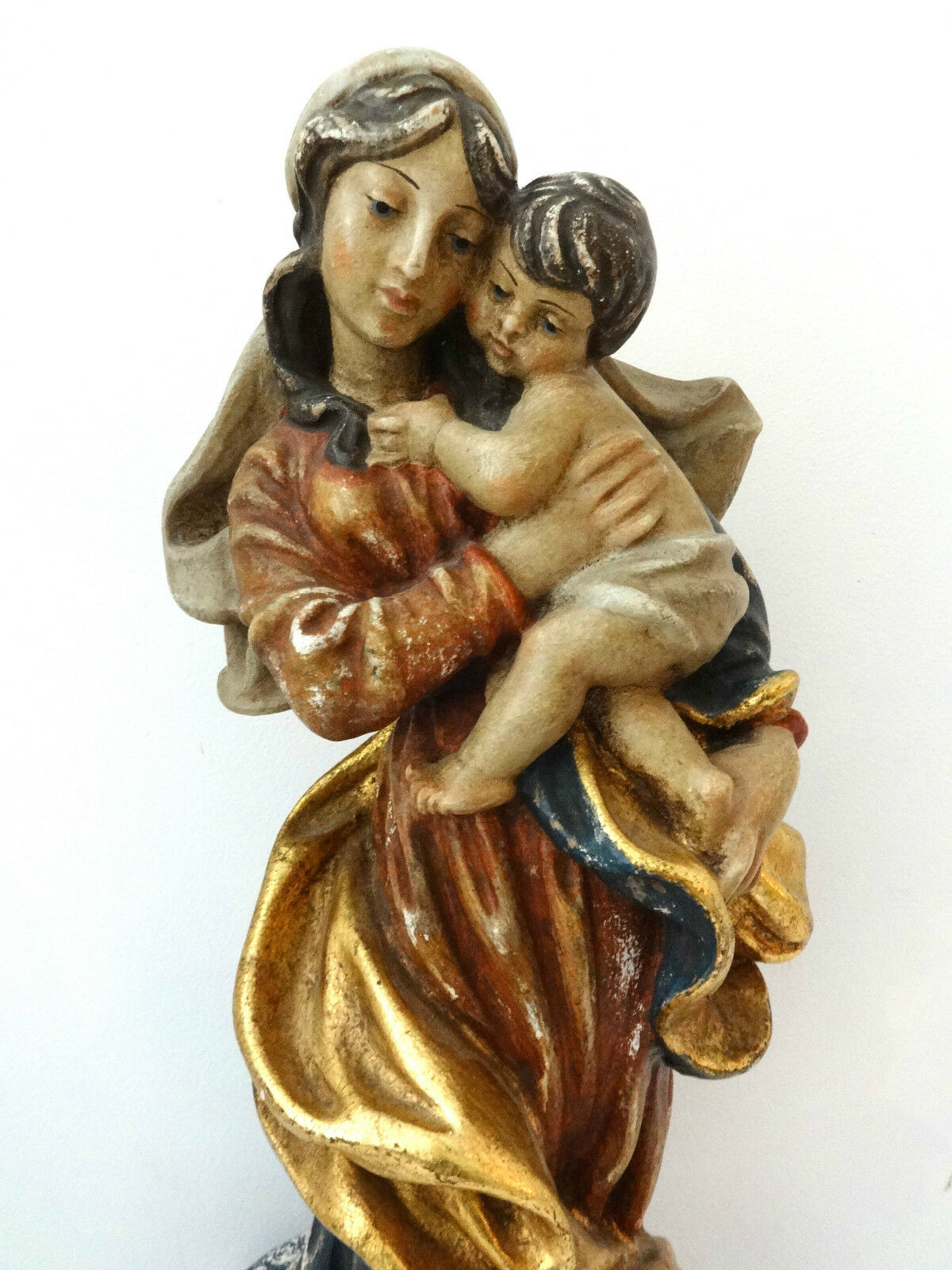 Superb European Antique Santos Madona /Virgen Mary Holding Baby Jesus19.5" H
