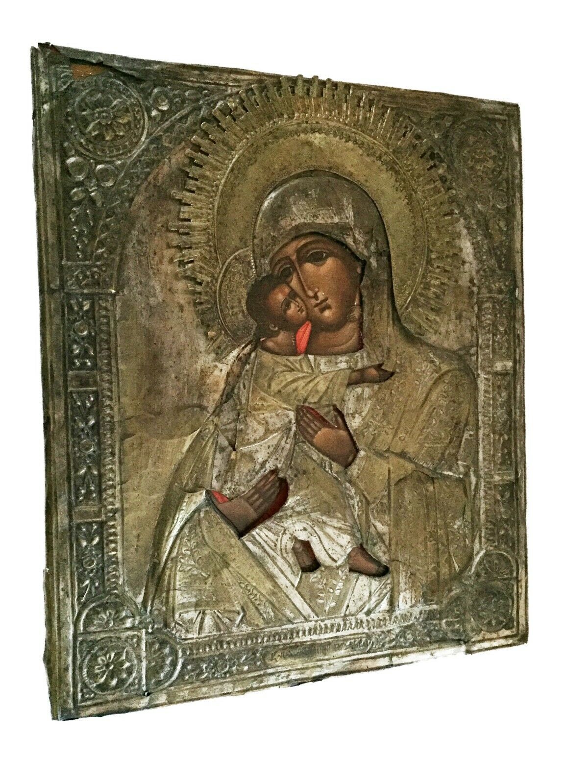 #817 Old Russian Icon Of Mother Of God Holding Jesus   17"x14