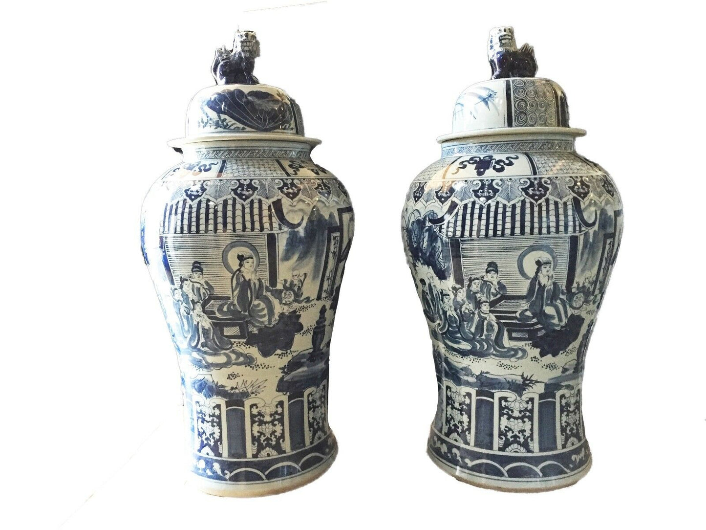 #913 Mansion Size Chinoiserie B & W Porcelain Ginger Jars - a Pair 47" H