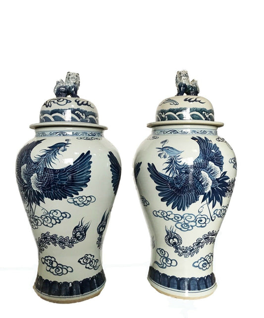 #942 Mansion Size Chinoiserie B & W Porcelain Ginger Jars - a Pair 35" H