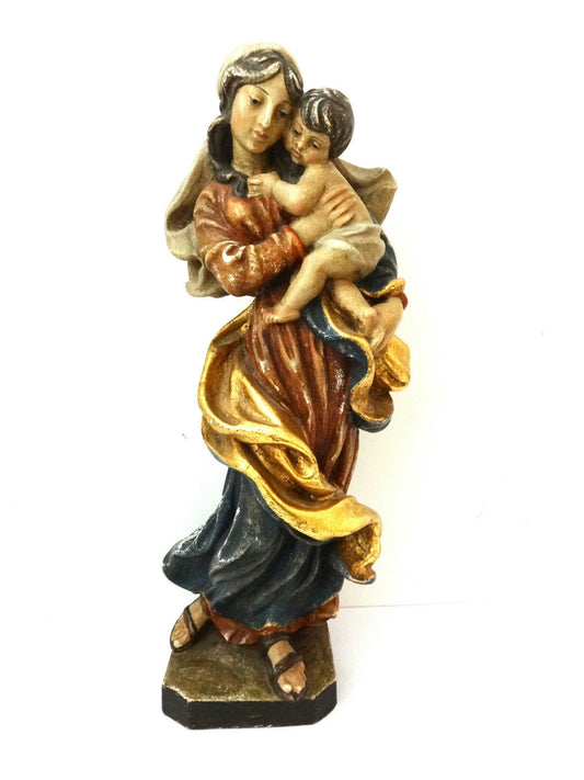 Superb European Antique Santos Madona /Virgen Mary Holding Baby Jesus19.5" H