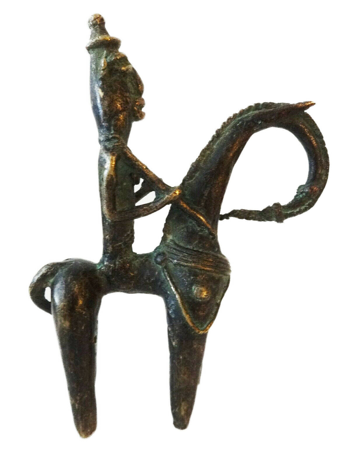 #674 African Dogon Bronze Horseman Cast Handmade Mali 6" W by 7.25" H