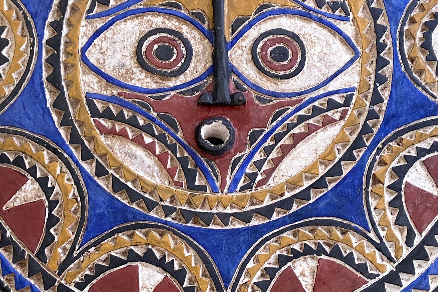 #877 Lg Bwa Sun Mask Blue and Red Burkina Faso 28 Inch African Art
