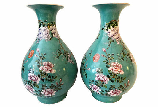 #702 Superb Pair of Chinese  Famille Rose Porcelain Shaped Vases S/2  17 " H